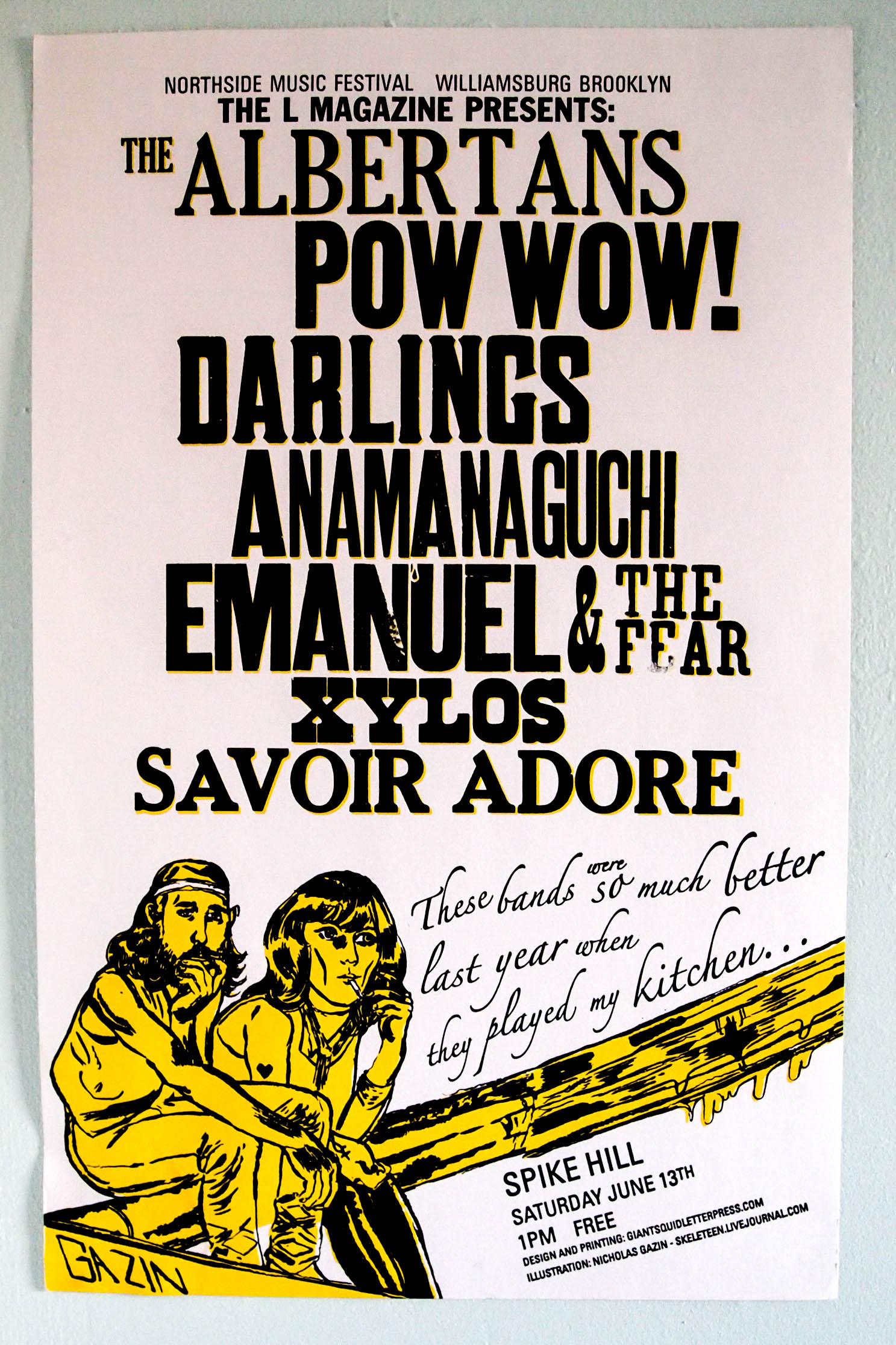 Woodtype letterpress concert poster for the L Magazine Northside Festival show at Spike Hill in Williamsburg Brooklyn. Illustration by Nick Gazin