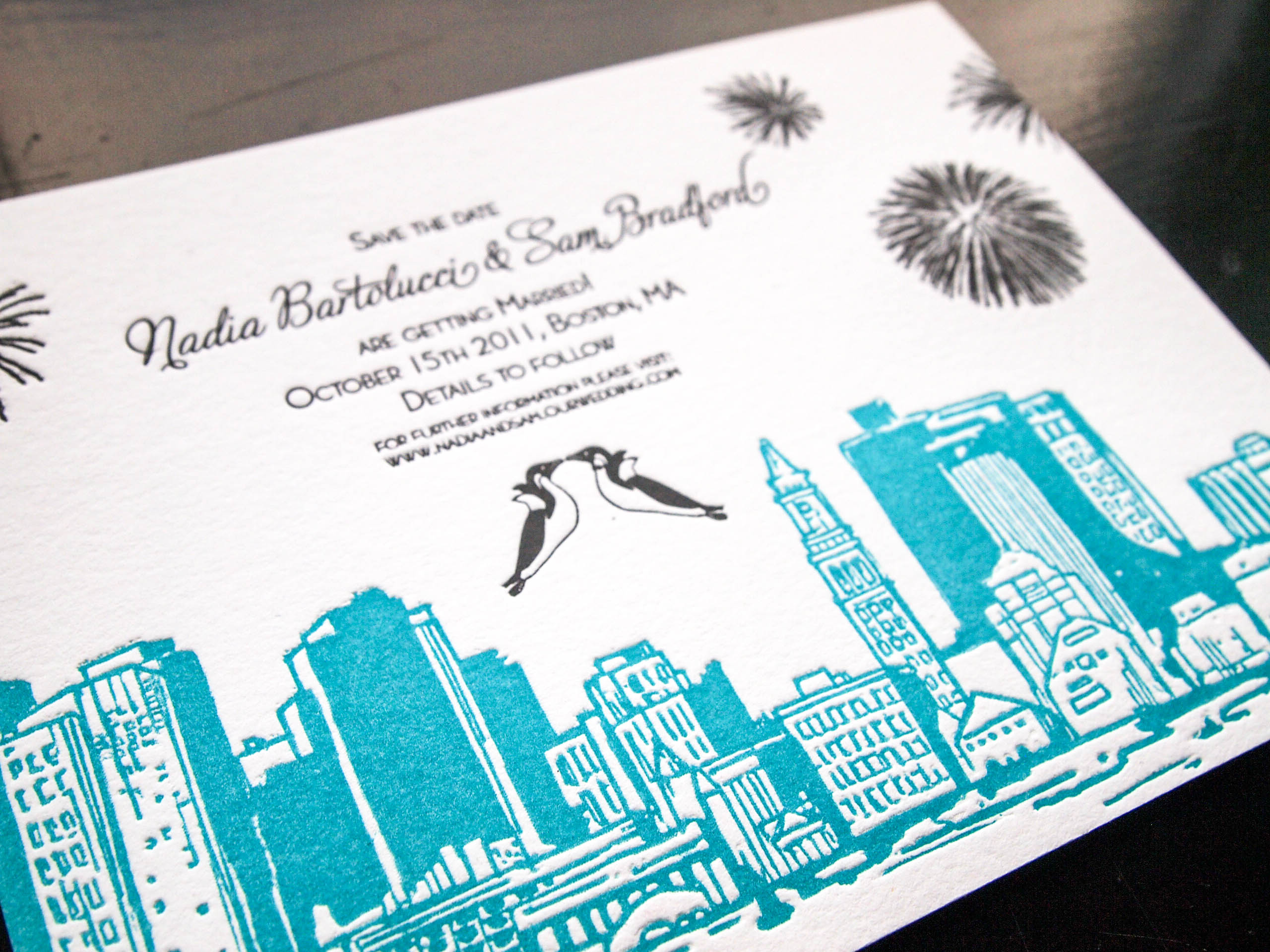 Nadia Bartolucci and Sam Bradford  Boston Harbour wedding letterpress save the date. Illustration by Danielle Malmgren