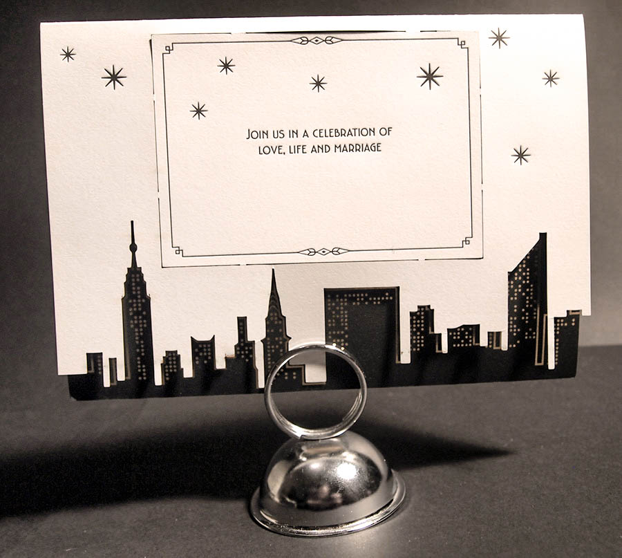 New York City laser cut skyline art deco letterpress wedding invitation