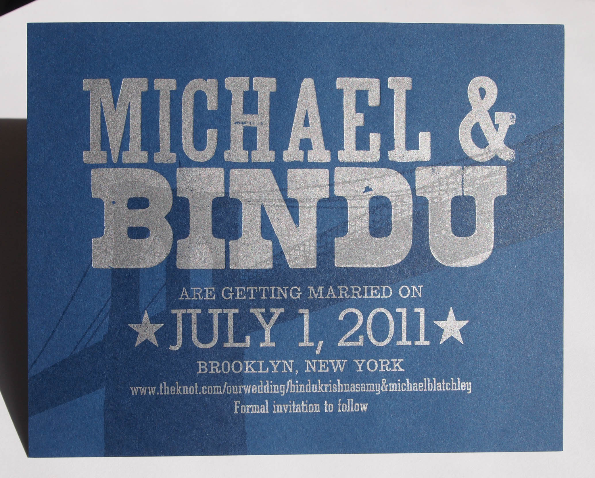 Michael and Bindu's Brooklyn Bridge vintage woodtype letterpress save the date