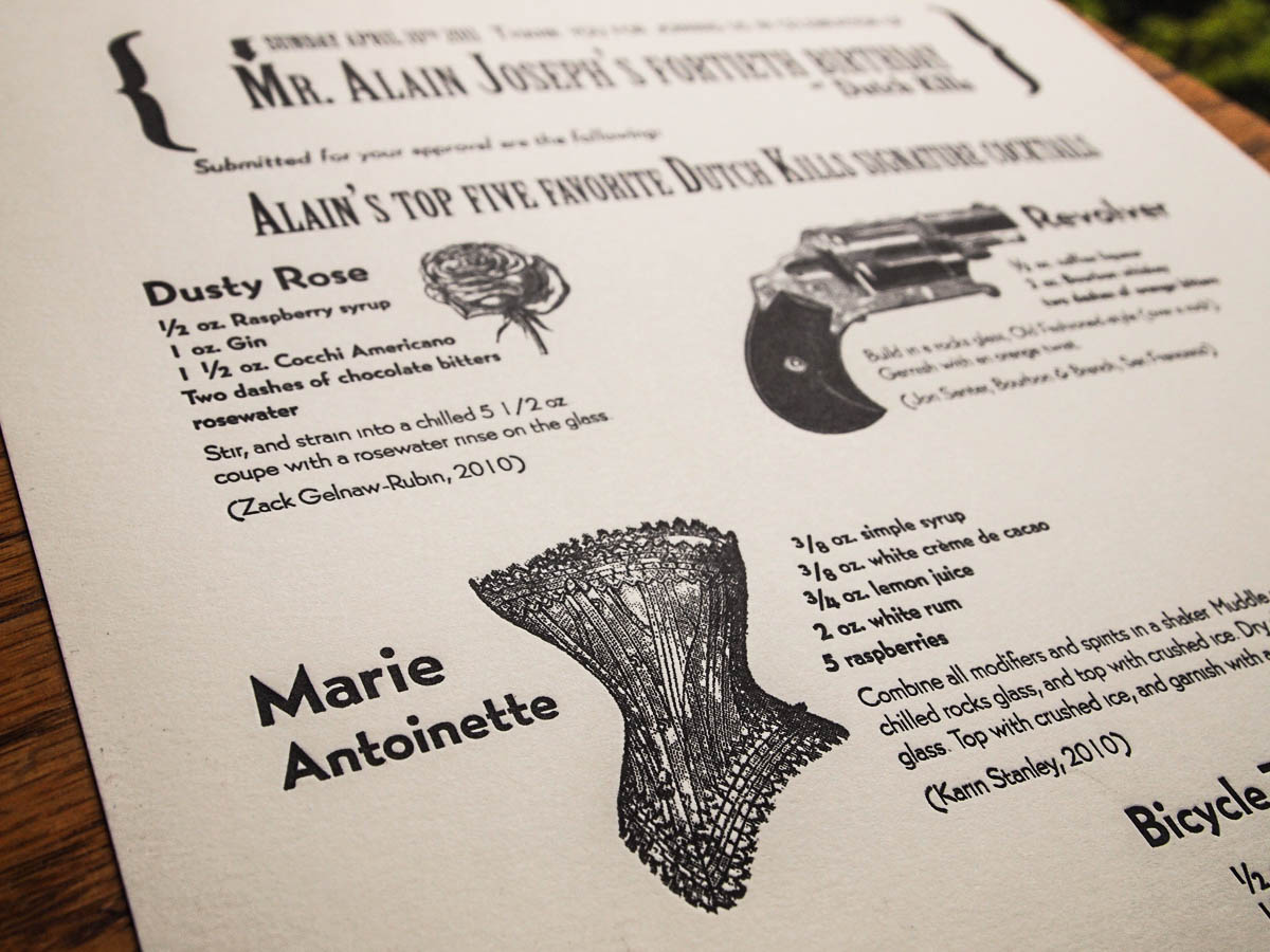 Custom cocktail menu for Alain Joseph's 40th birthday at Dutch Kills featuring the Dusty Rose, Revolver and Marie Antoinette cocktails