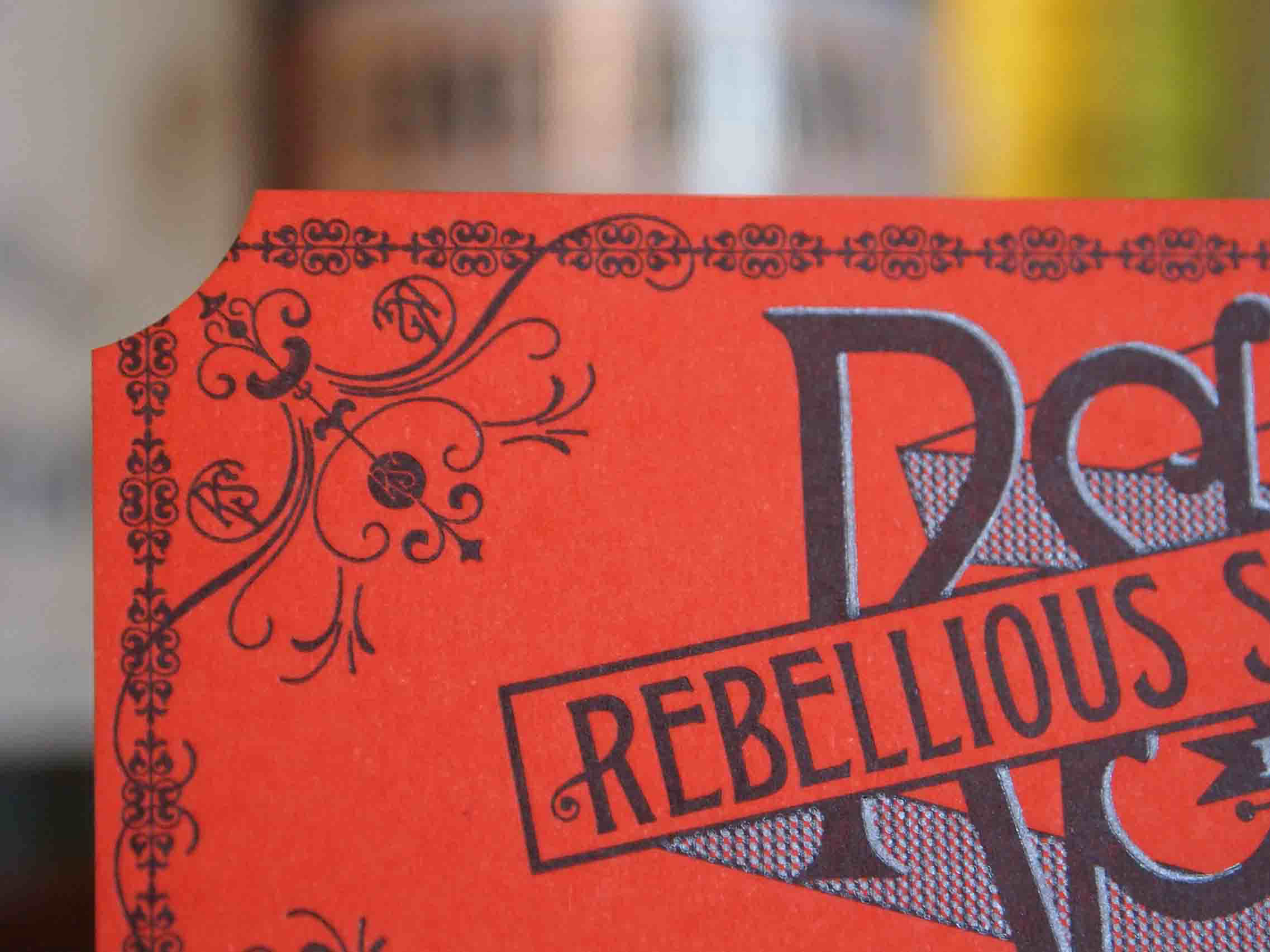 Rebellious Spirits die-cut business cards, designed and printed by us