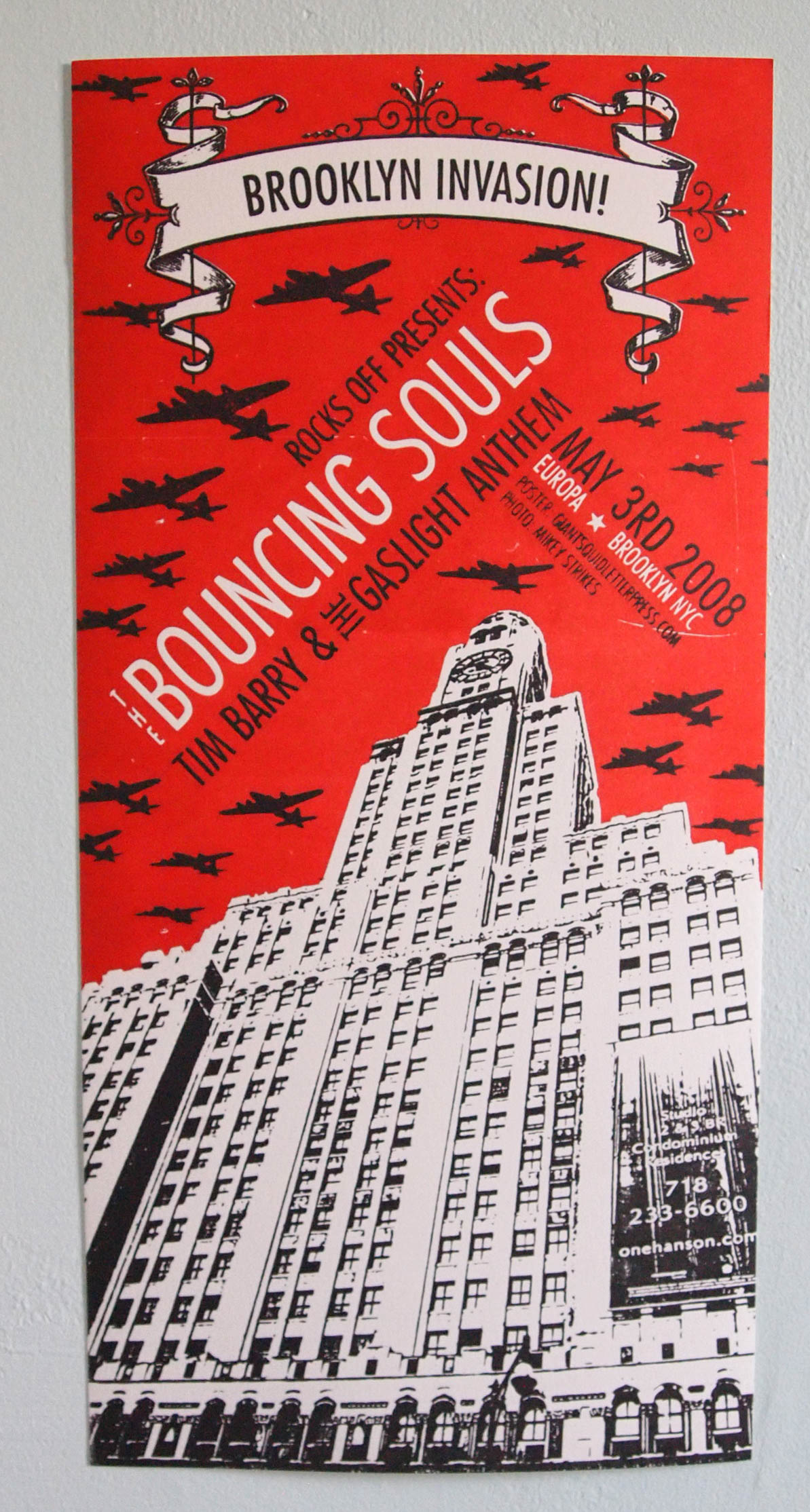"Brooklyn Invasion" letterpress concert poster with the Bouncing Souls, Tim Barry and The Gaslight Anthem at Europa in Greenpoint Brooklyn by Giant Squid Press