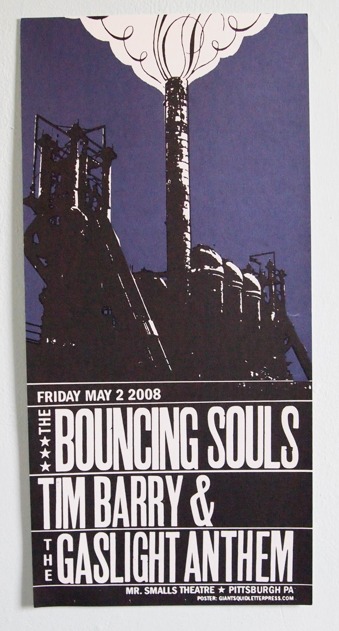 Bouncing Souls, Tim Barry and the Gaslight Anthem letterpress concert poster at Mr. Smalls in Pittsburg