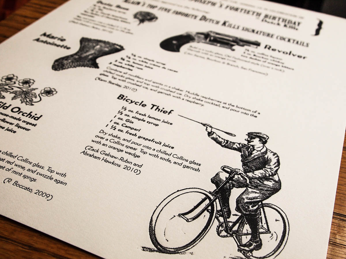 Custom cocktail menu for Alain Joseph's 40th birthday at Dutch Kills featuring the Bicycle Thief cocktail