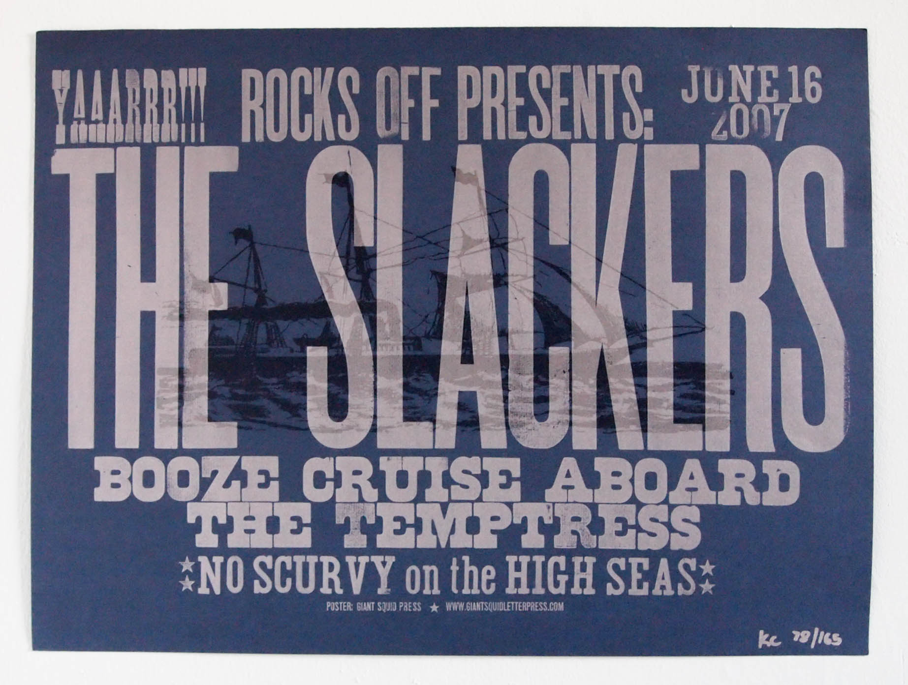 The Slackers "Booze Cruise" letterpress woodtype concert poster for Rocks Off concert cruises