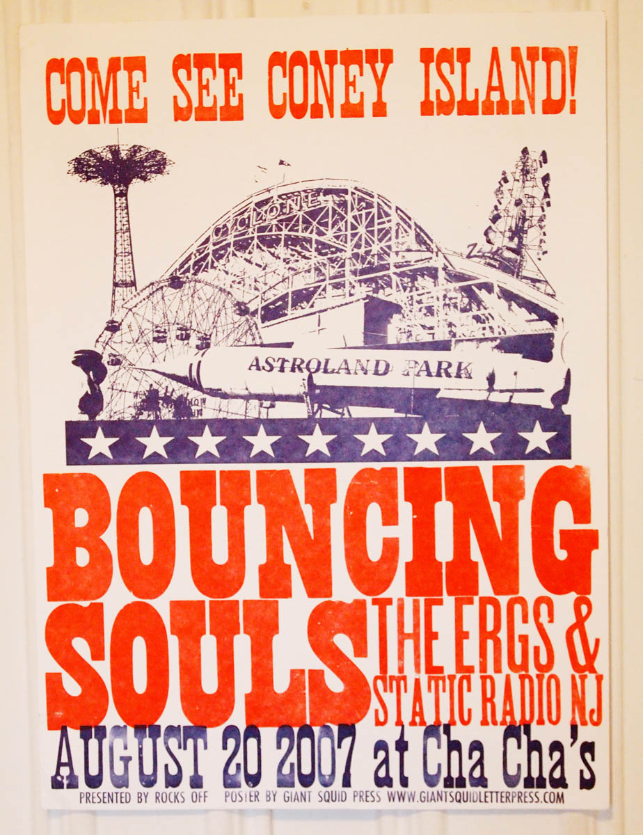 Vintage Astroland Park Coney Island themed woodtype letterpress concert poster for the Bouncing Souls at Cha Cha's 