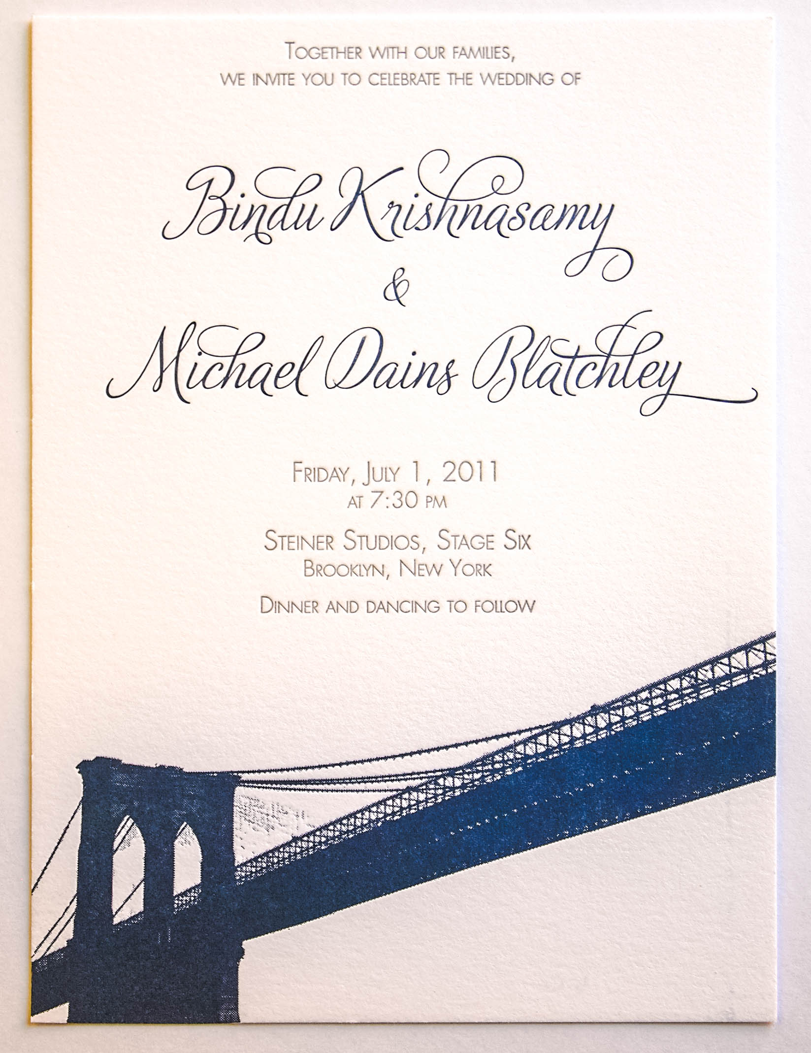Bindu and Michael's Brooklyn Bridge custom designed and letterpress wedding invitation
