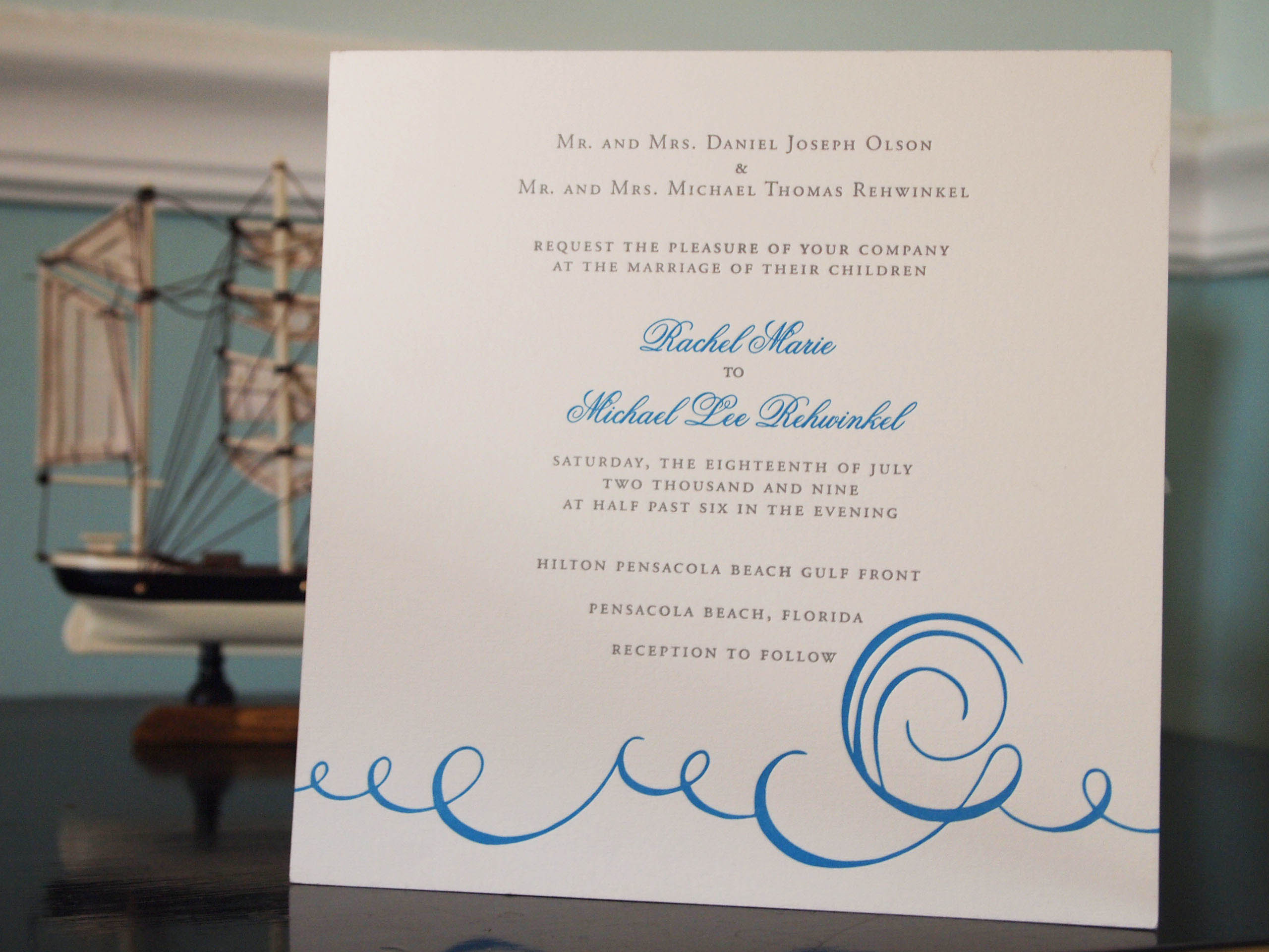 Rachel and Lee's nautical Carolina beach custom designed letterpress invitation
