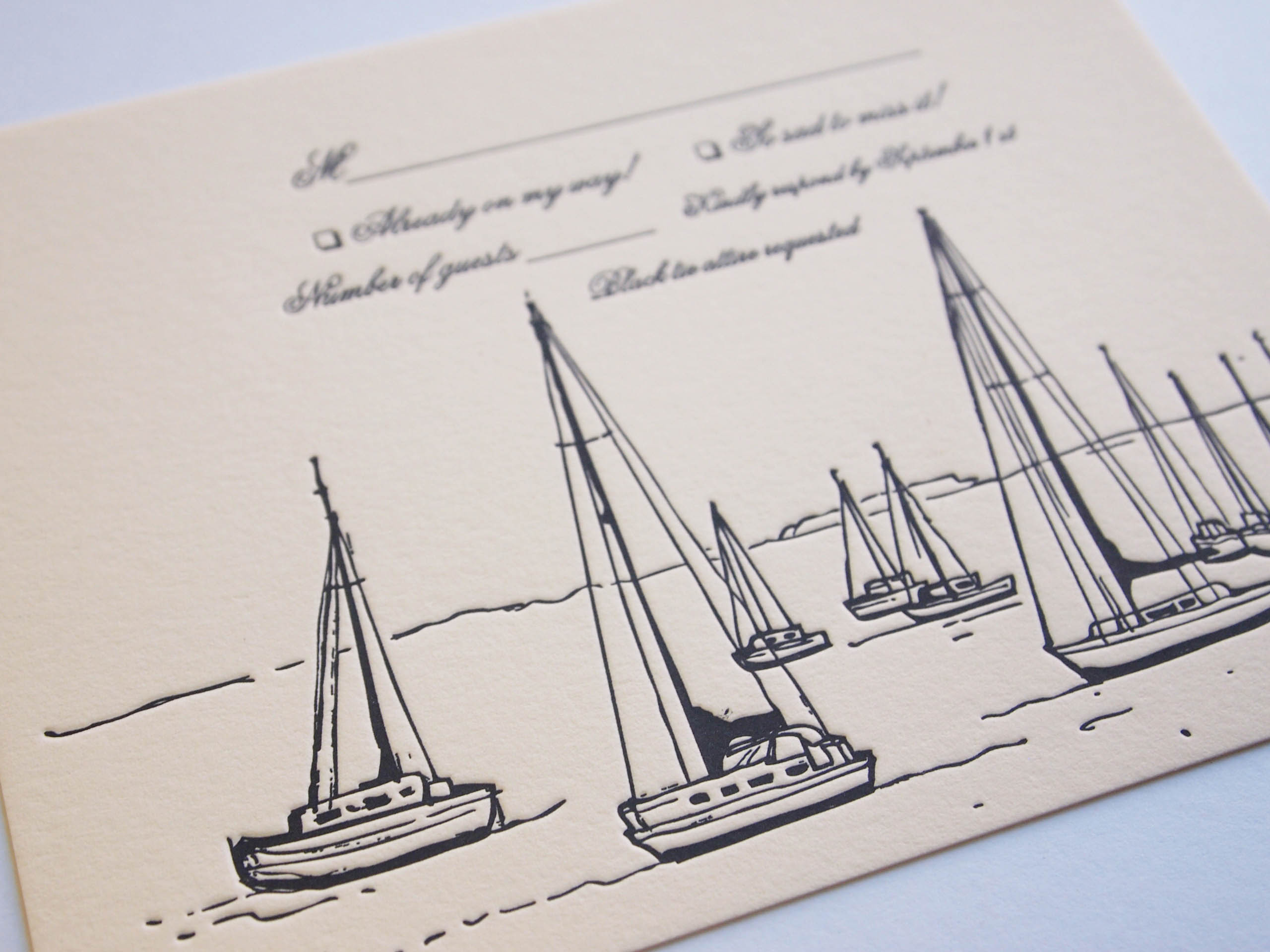 Nadia and Sam  Boston sailboat letterpress wedding RSVP. Illustration by Danielle Malmgren