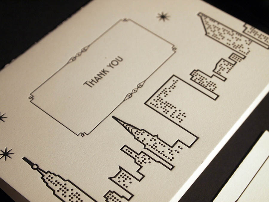NYC skyline art deco letterpress thank you cards 