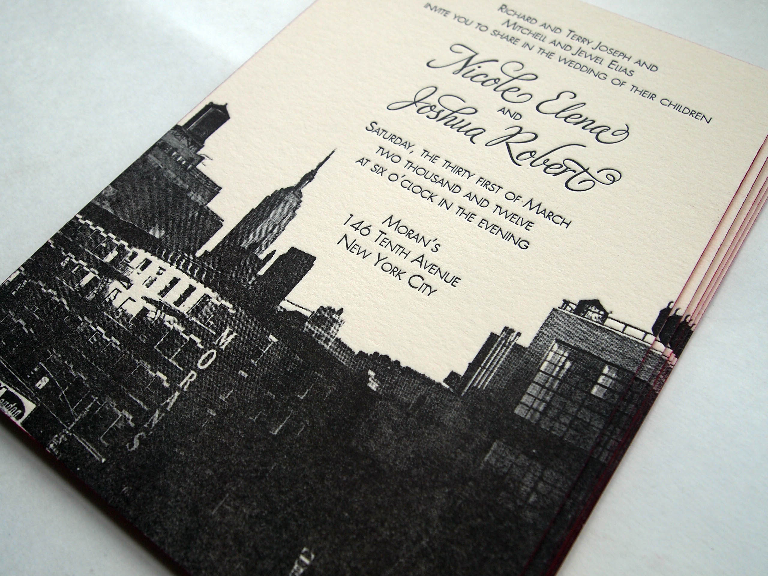 Custom Designed NYC Empire State Building letterpress wedding invitation with painted edge
