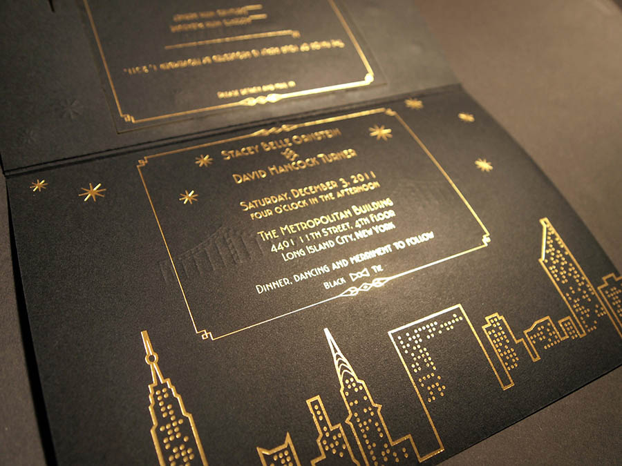 Inside foil stamp of NYC skyline art deco letterpress wedding invitation