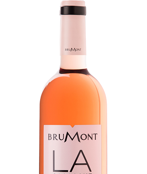 Brumont rose wine label, pink with black san serif type. Very "LA" looking