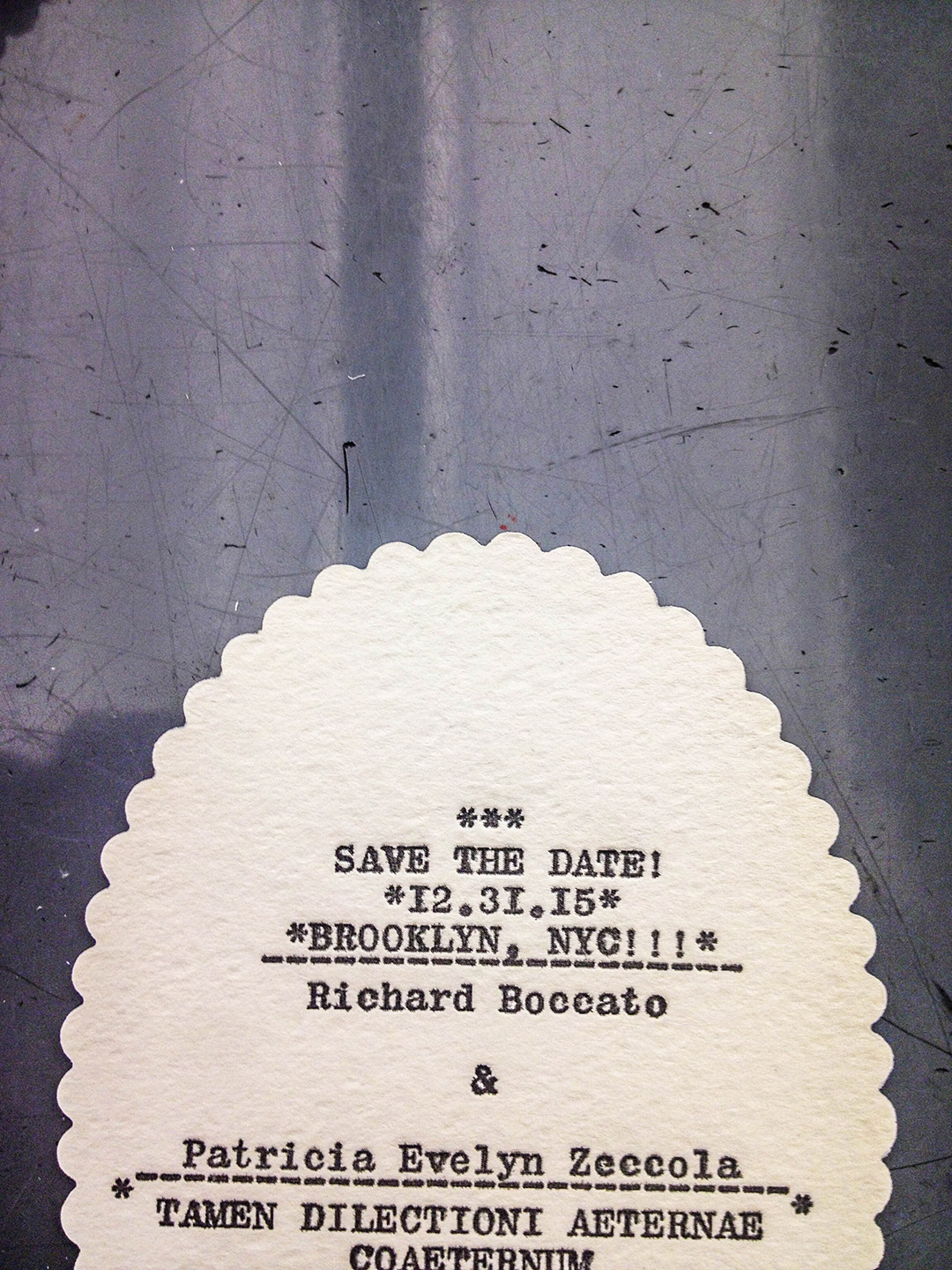 Scalloped edge letterpress save the date for Richard Boccato.
