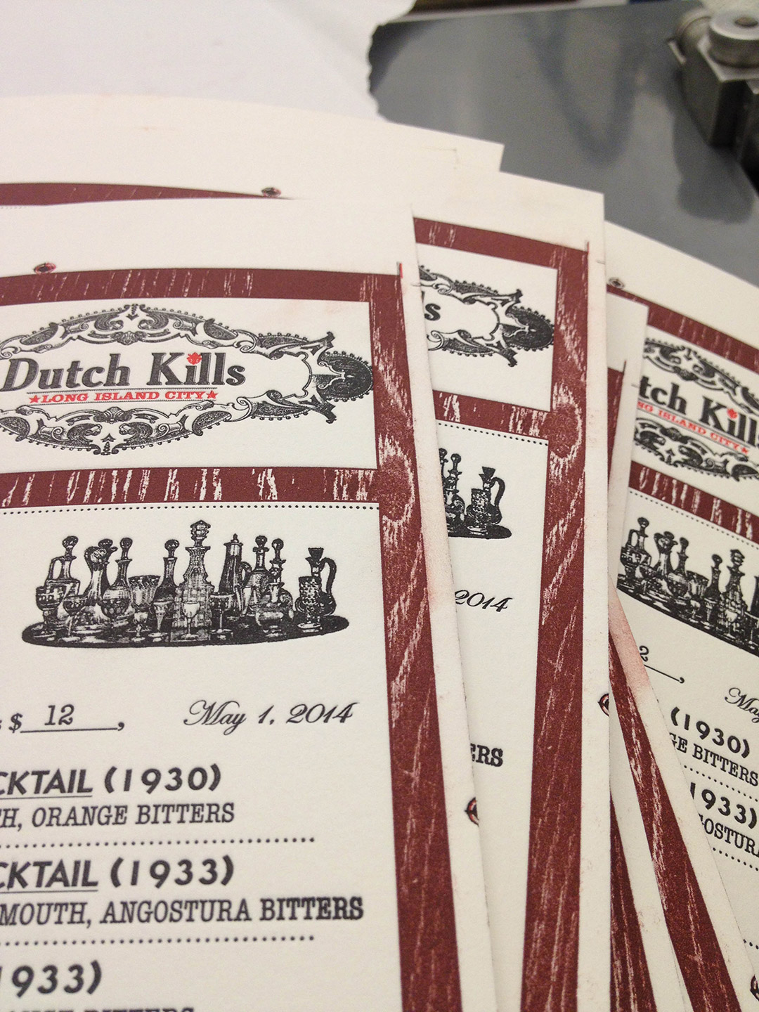 Dutch Kills 5th anniversary letterpress printed menus