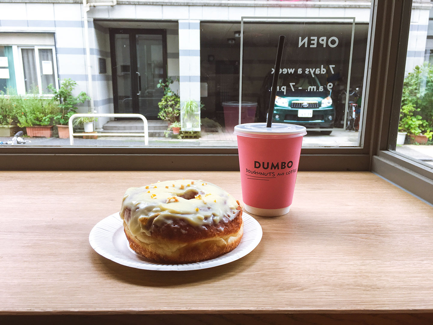 Yuzu frosted donut and iced coffee at Dumbo Doughnuts Tokyo