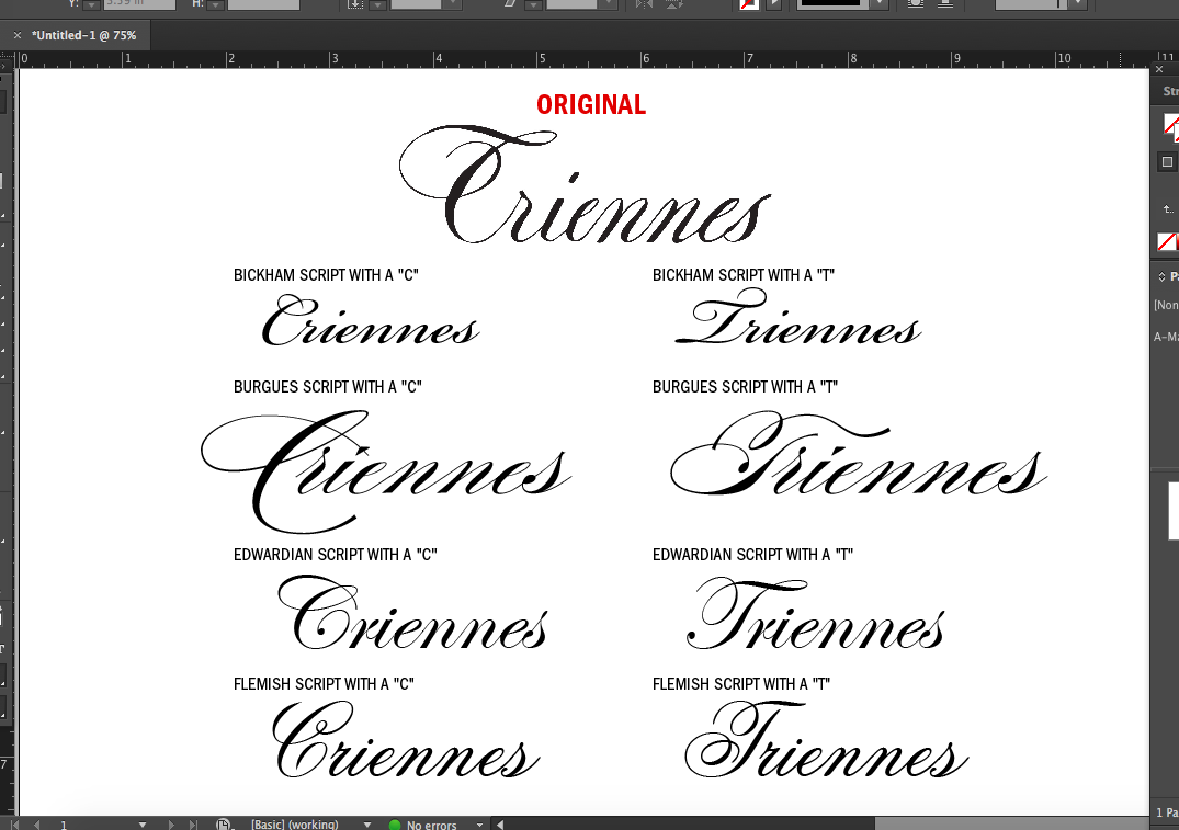 I compared swashy script capital "C" and "T" letters to show it looks like a "C" in "Triennes"